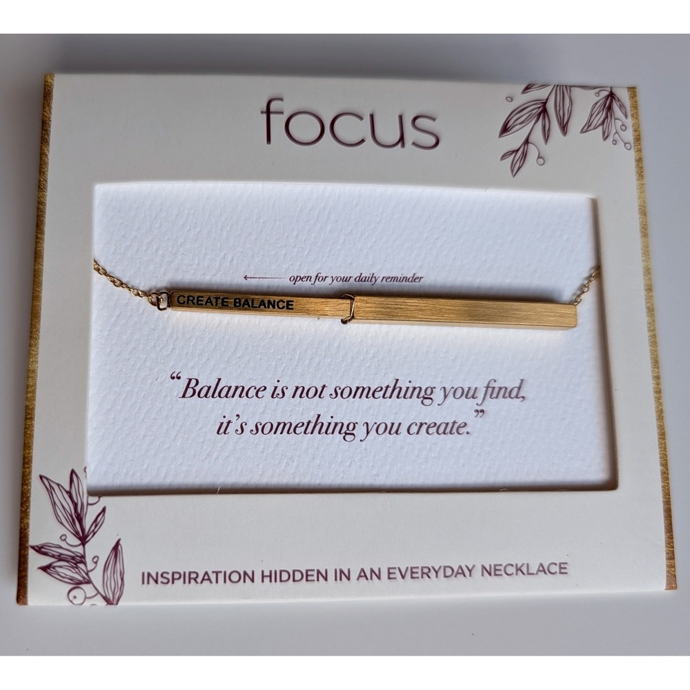 Focus Create Balance Gold Tone Hidden Message Bar Necklace NIP
